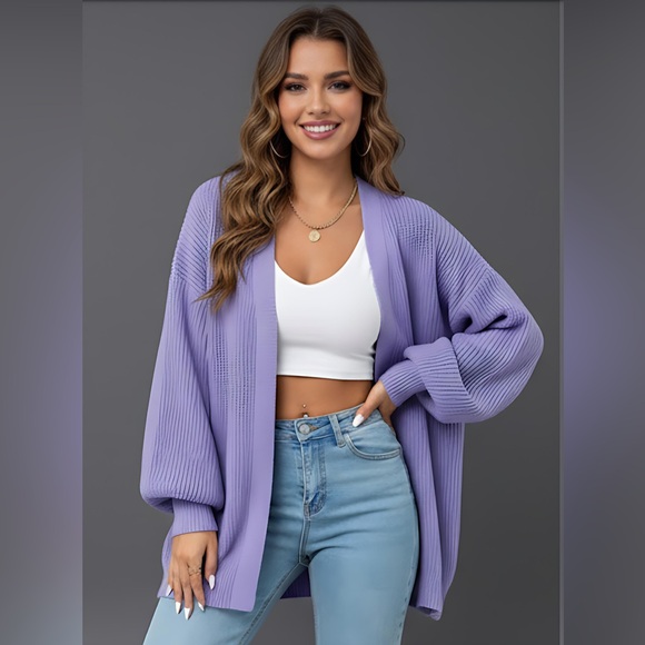 Drop Shoulder Ribbed Knit Duster Cardigan Purple - Picture 1 of 8